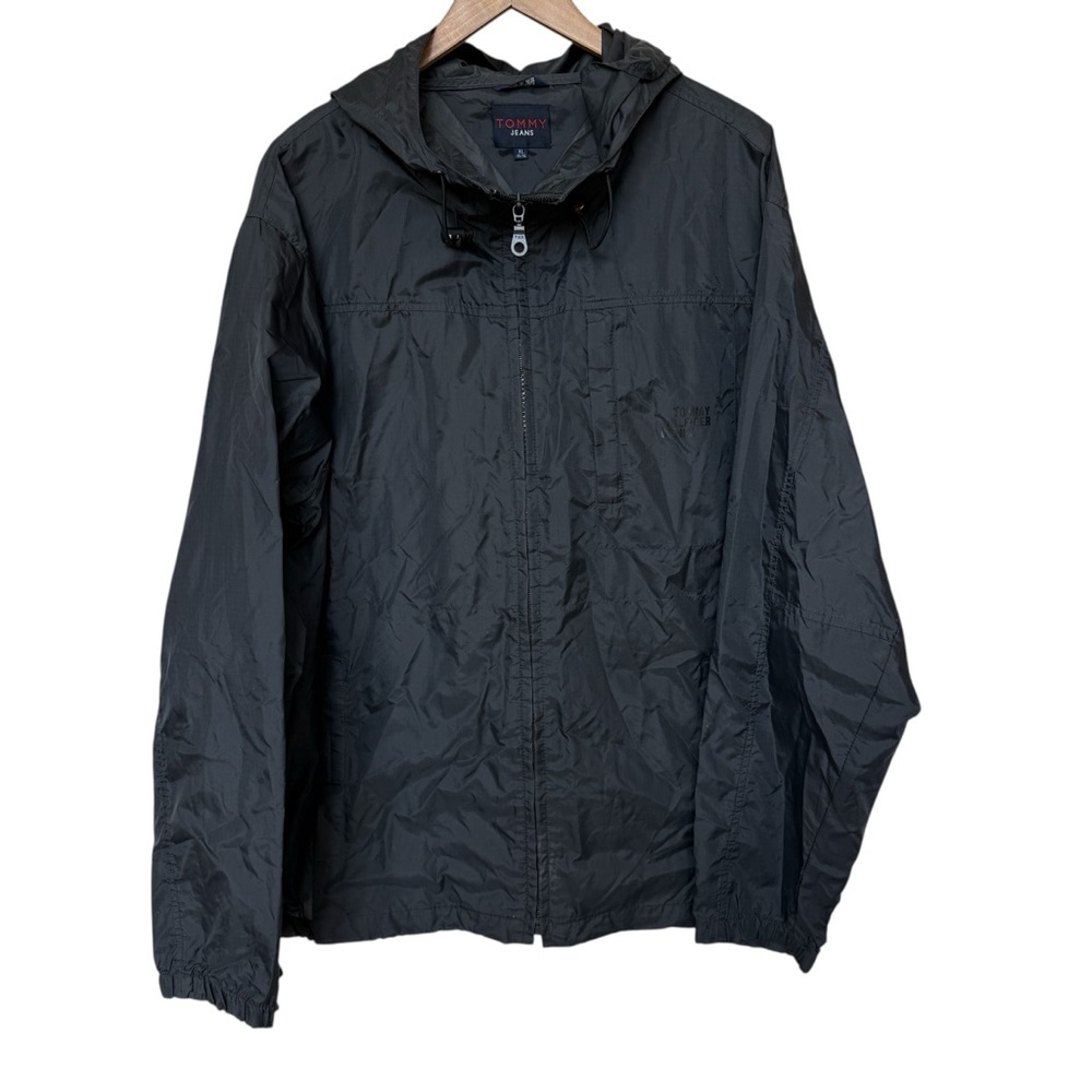 VTG! 2000s Y2K Tommy Jeans Windbreaker Jacket Mens XL Black Hooded Full Zip Logo - Picture 2 of 9